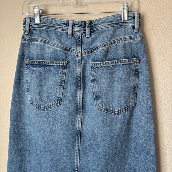 Zara Distressed Released Hem Front Slit Denim Blue Jean Midi Skirt - Picture 8 of 9